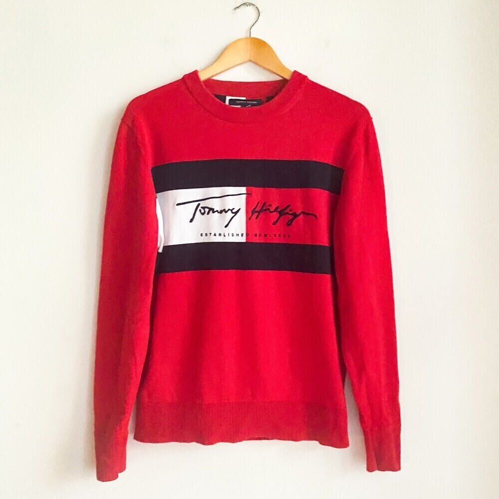 Tommy Hilfiger Red LArge Spellout Logo Long Sleeve Cotton Top M
